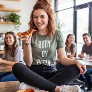 Modern Lux Body By Pizza Graphic Tee Olive Green High Low Hem Size XL